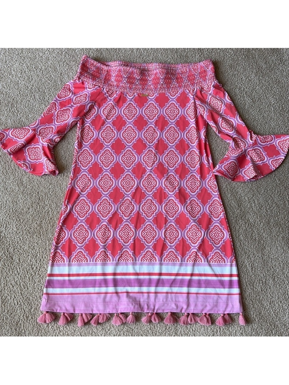 NWT Cabana Life Coral Geo Coverluxe Smocked Off-the-Shoulder Tassel Dress Small - Picture 10 of 13
